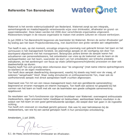 Referentie brief van Waternet voor Ton Barendrecht